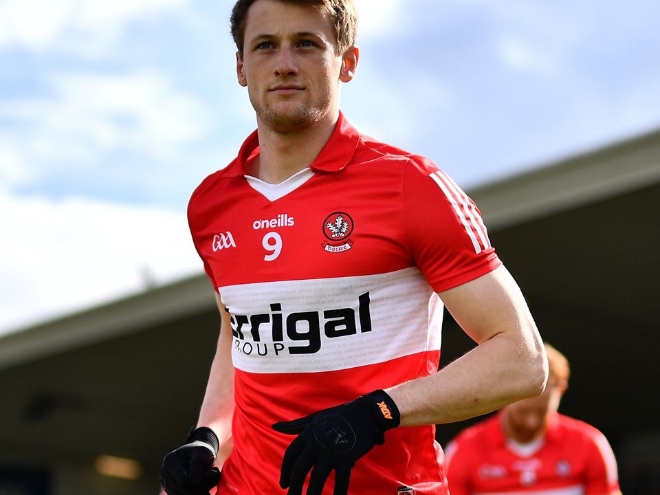 29 April 2023; Brendan Rogers of Derry before the Ulster GAA Football Senior Championship Semi Final match between Derry and Monaghan at O’Neills Healy Park in Omagh, Tyrone. Photo by Ben McShane/Sportsfile