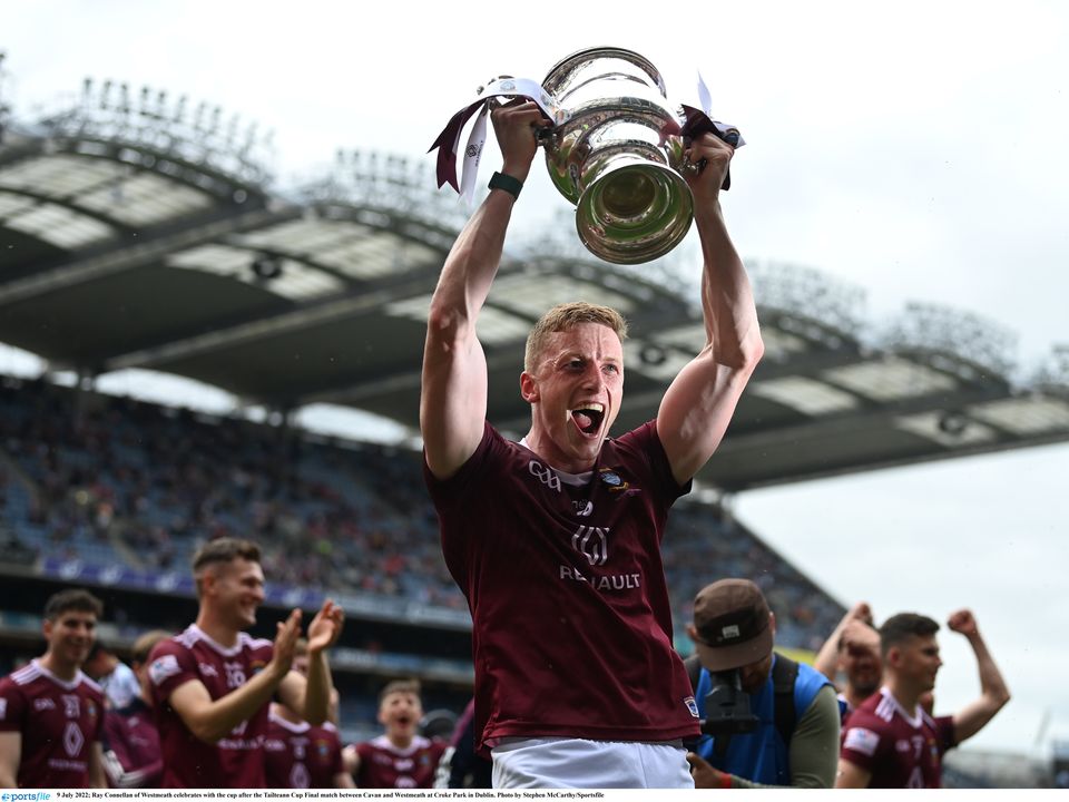Ray Connellan of Westmeath celebrates with the cup after the Tailteann Cup Final match between Cavan and Westmeath at Croke Park in Dublin. Photo by Stephen McCarthy/Sportsfile