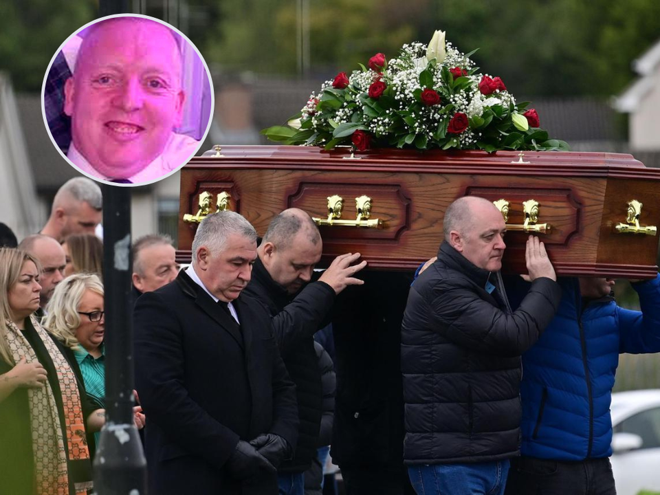The funeral of Sean Fox (inset) took place at Christ the Redeemer Church in Lagmore. Picture: Pacemaker