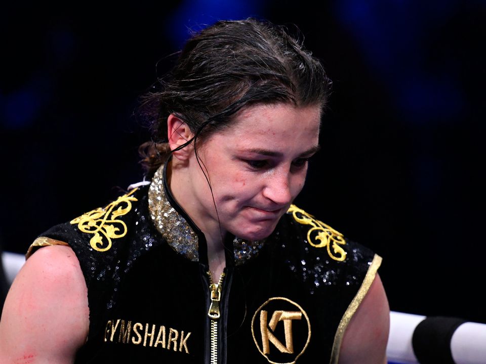 Katie Taylor after her defeat to Chantelle Cameron in their undisputed super lightweight championship fight at the 3Arena in Dublin