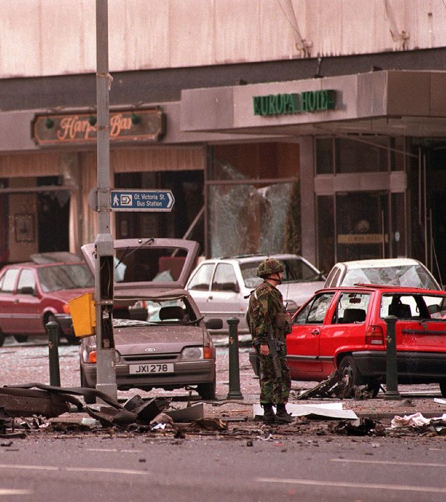 The aftermath of the IRA van bomb attack on the Europa in 1993