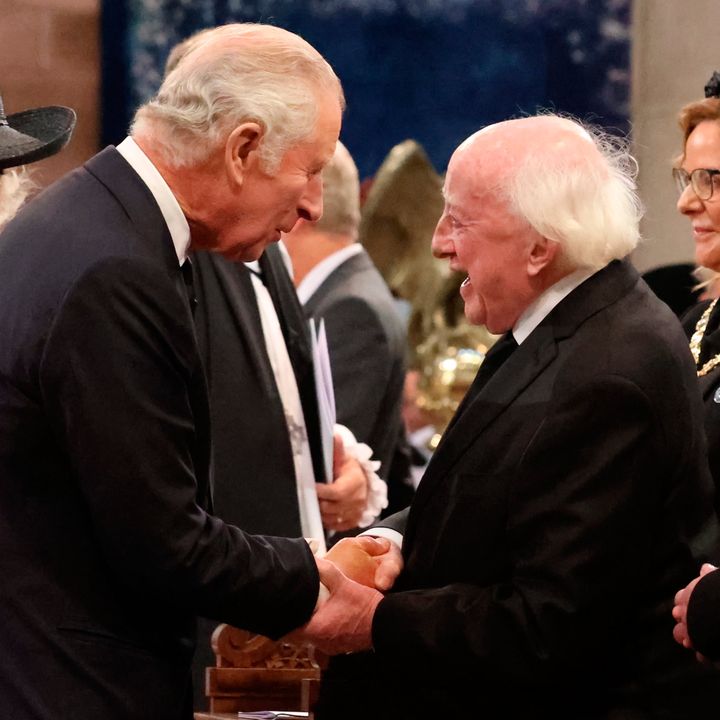 King Charles III meets President Michael D Higgins (right) as they attend a Service of Reflection for Queen Elizabeth II at St Anne's Cathedral in Belfast. Picture  Liam McBurney/PA Wire