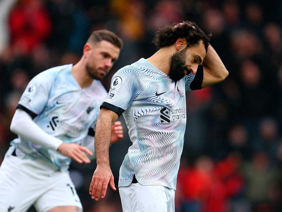 BOURNEMOUTH, ENGLAND - MARCH 11: Mohamed Salah of Liverpool reacts after missing a penalty kick during the Premier League match between AFC Bournemouth and Liverpool FC at Vitality Stadium on March 11, 2023 in Bournemouth, England. (Photo by Charlie Crowhurst/Getty Images)