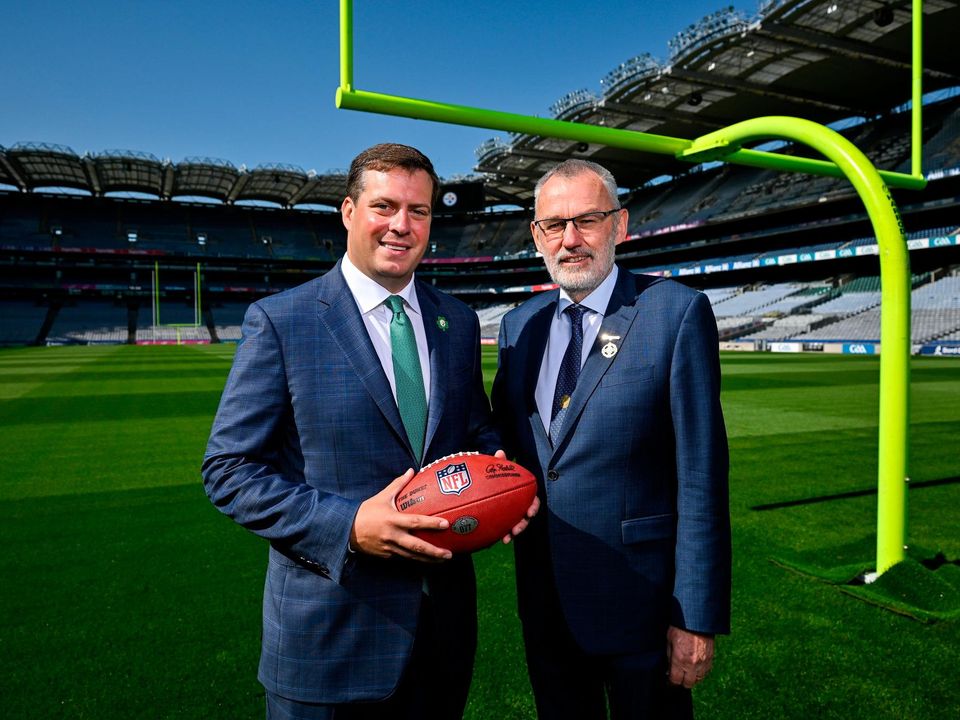 The Pittsburgh Steelers made a return to Croke Park today, where they played in the first ever NFL game in Ireland in 1997. Pictured are Pittsburgh Steelers Director of Business Development & Strategy Daniel Rooney, left, GAA president Larry McCarthy. Photo: Brendan Moran/Sportsfile