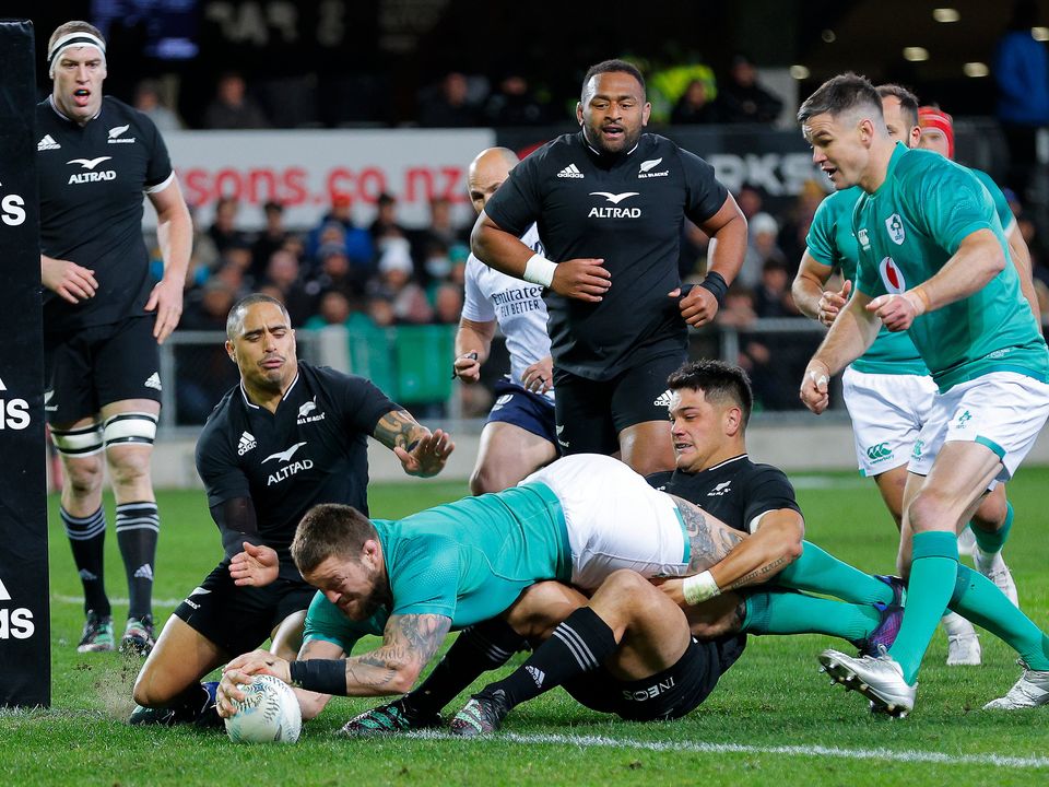 DUNEDIN, NEW ZEALAND - JULY 09: Andrew Porter of Ireland scores a try during the International Test match between the New Zealand All Blacks and Ireland at Forsyth Barr Stadium on July 09, 2022 in Dunedin, New Zealand. (Photo by Hagen Hopkins/Getty Images)