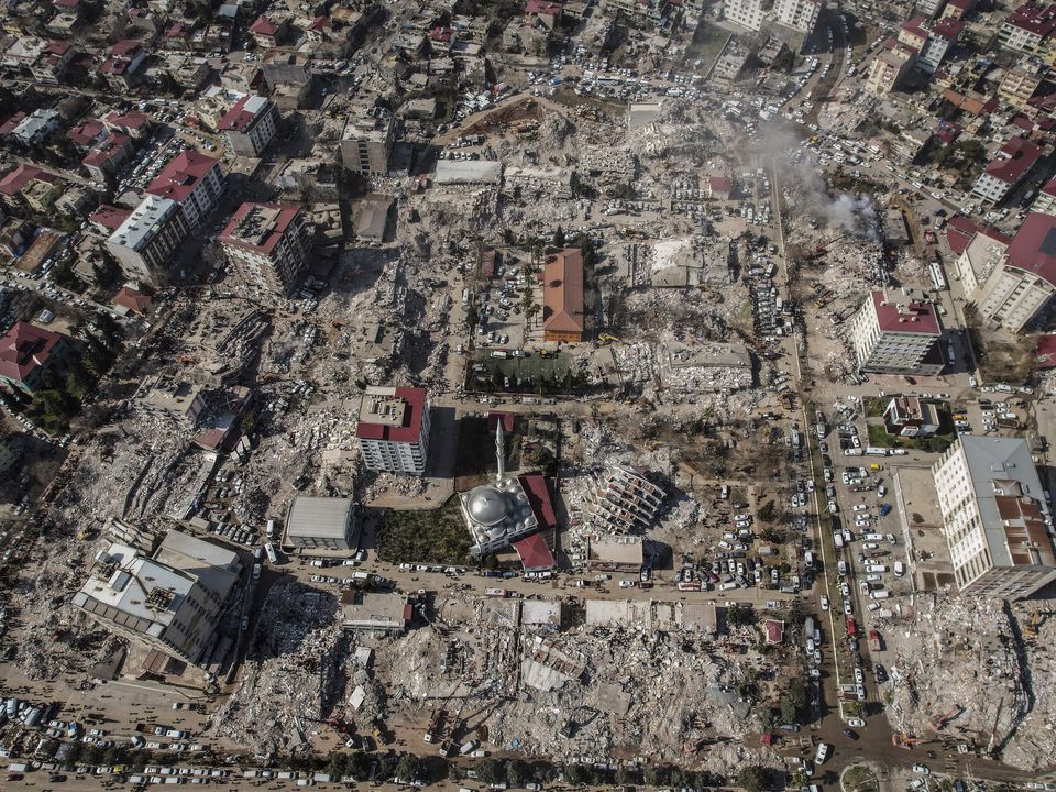 Aerial photo showing the destruction in a city in southern Turkey (IHA via AP)