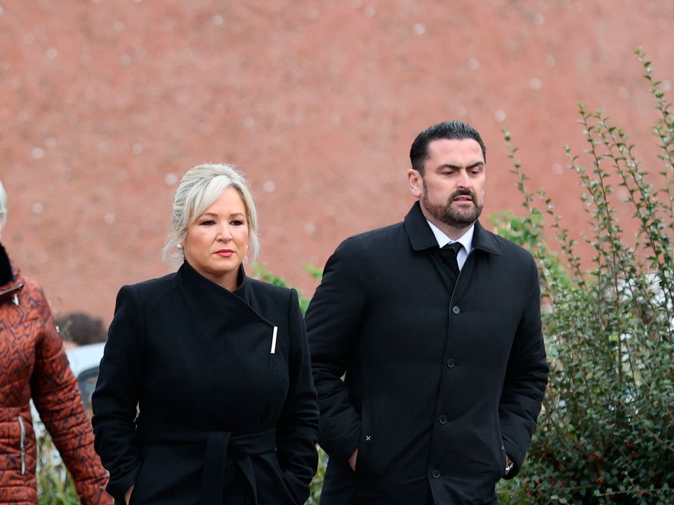 Sinn Féin vice president Michelle O'Neill arrives at St Michael's Church, Creeslough, for the funeral mass of Jessica Gallagher. PA