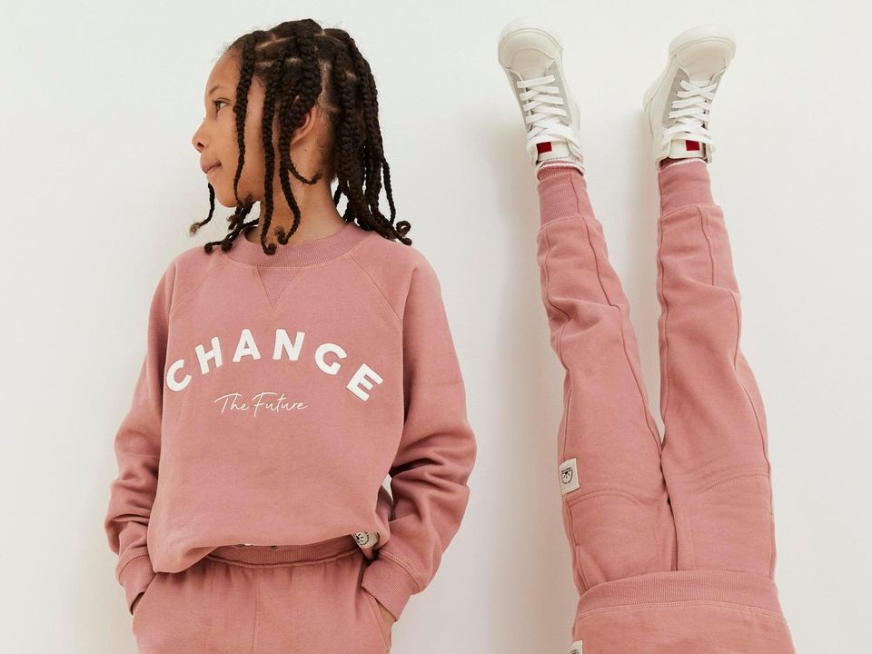 Mauve ‘Change The Future’ crew neck sweatshirt, €10, slim-fit joggers with drawstring, €10, younger child PU retro high-top trainer, €14