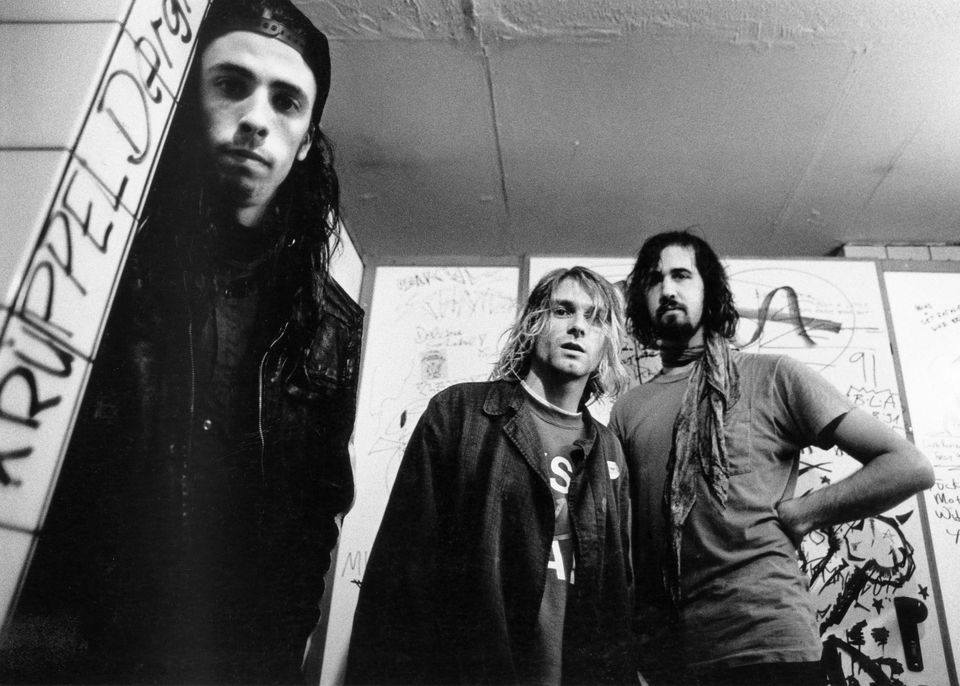 From left, Nirvana’s Dave Grohl, Kurt Cobain and Krist Novoselic pictured in 1991, when Smells Like Teen Spirit was released. Photo by Paul Bergen/Redferns