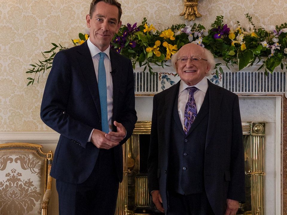 Ryan Tubridy with President Michael D Higgins at Áras an Uachtaráin which will air on tonight's series finale of The Late Late Show. Photo: Michelle Daly