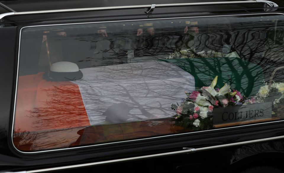 The coffin arrives for the funeral of Captain Dara Fitzpatrick, who died in the Coast Guard helicopter tragedy off Blacksod, Co Mayo in March 2017 (Brian Lawless/PA)