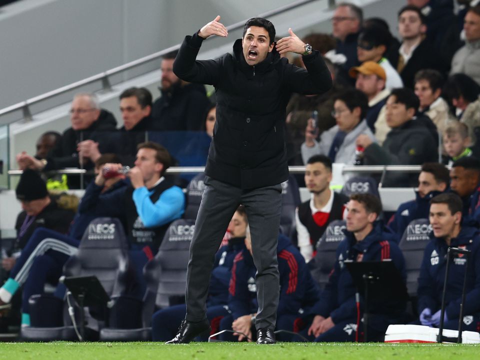 LONDON, ENGLAND - JANUARY 15:  Arsenal Head Coach / Manager  Mikel Arteta reacts during the Premier League match between Tottenham Hotspur and Arsenal FC at Tottenham Hotspur Stadium on January 15, 2023 in London, United Kingdom. (Photo by Chris Brunskill/Fantasista/Getty Images)