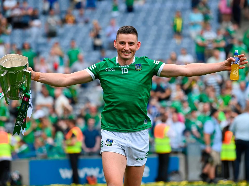 Limerick's Gearóid Hegarty celebrates with the Liam MacCarthy Cup. Photo: Stephen McCarthy/Sportsfile