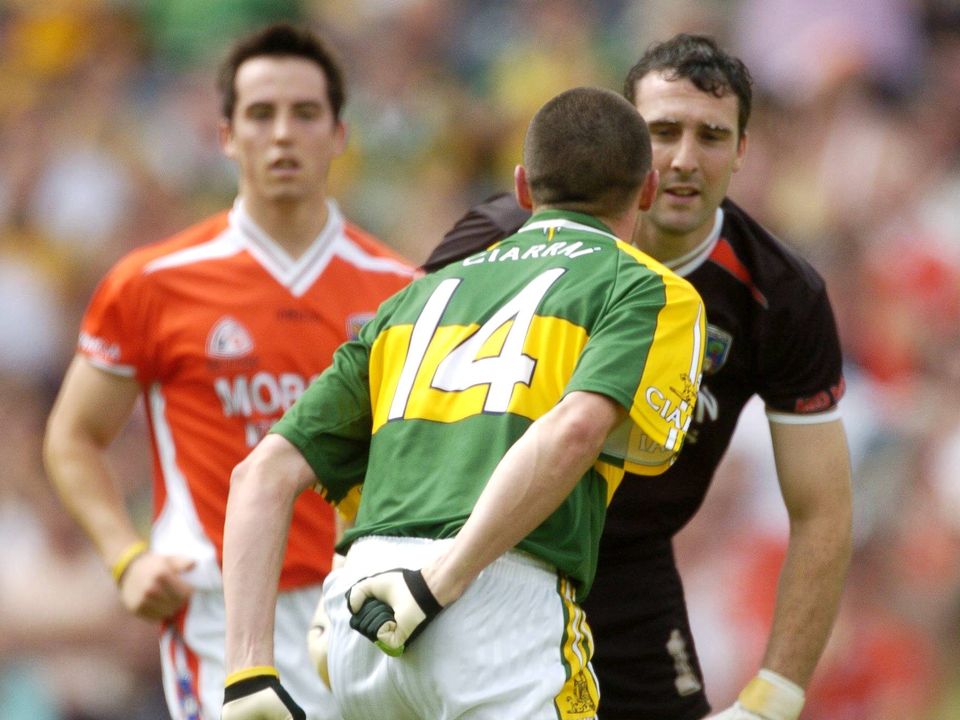 Kerry's Kieran Donaghy reacts to Armagh goalkeeper Paul Hearty after scoring his side's second goal in their 2006 All-Ireland SFC quarter-final at Croke Park. Photo: David Maher/Sportsfile