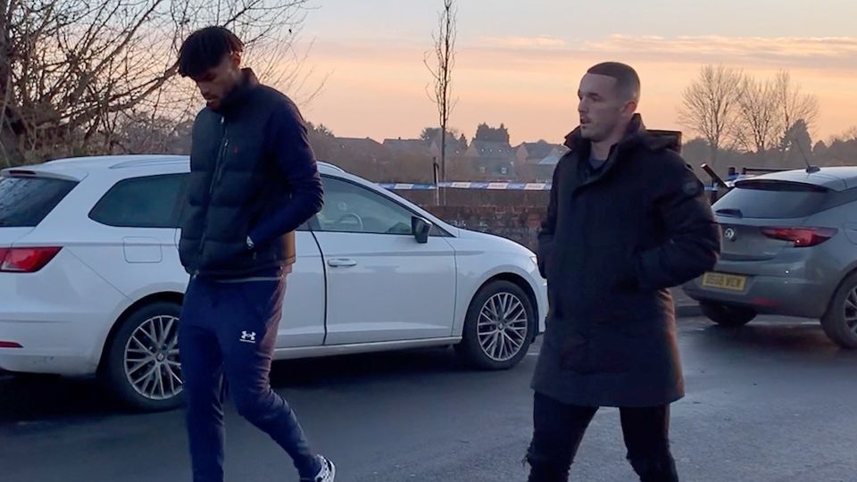 Aston Villa's Tyrone Mings and John McGinn during their visit near to the scene in Babbs Mill Park in Kingshurst, Solihull. Picture date: Wednesday December 14, 2022.