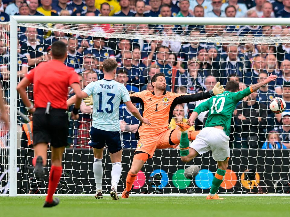 Troy Parrott of Republic of Ireland scores their side's second goal against Scotland. (Photo by Charles McQuillan/Getty Images)
