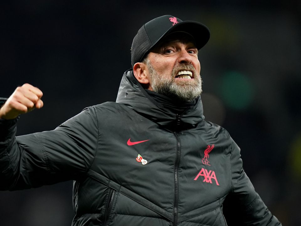Liverpool manager Jurgen Klopp celebrates after the final whistle following the Premier League match at the Tottenham Hotspur Stadium, London. Picture date: Sunday November 6, 2022.