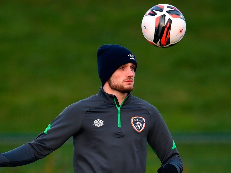 Troy Parrott at a Republic of Ireland training session preparing for his side's upcoming matches against Belgium and Lithuania. Photo: Sportsfile
