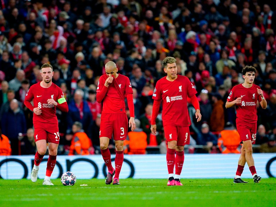 Liverpool players appear dejected during the Champions League round of 16 match at Anfield, Liverpool. Picture date: Tuesday February 21, 2023. PA Photo. See PA story SOCCER Liverpool. Photo credit should read: Peter Byrne/PA Wire.

RESTRICTIONS: Use subject to restrictions. Editorial use only, no commercial use without prior consent from rights holder.