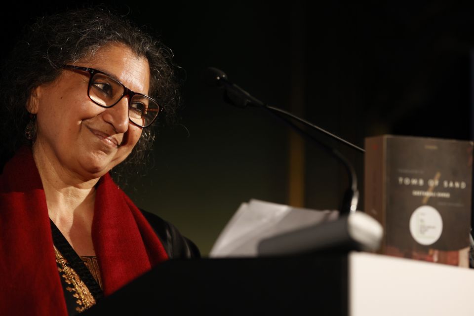 Author Geetanjali Shree delivers her acceptance speech after winning the 2022 International Booker Prize for her novel Tomb of Sand (David Cliff/AP)