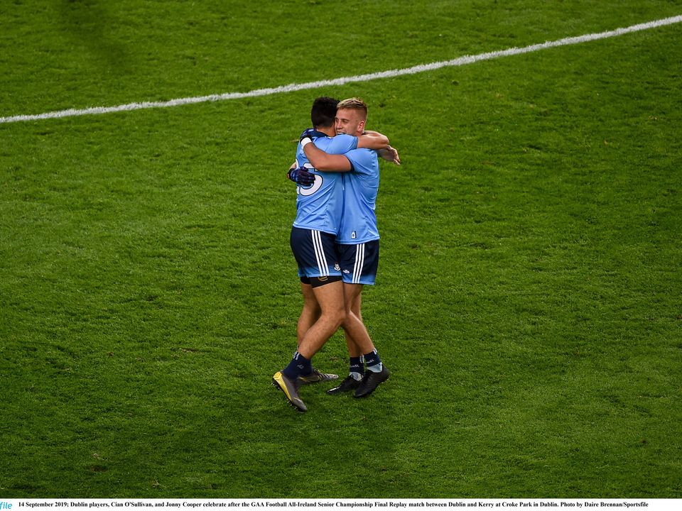 Dublin's Cian O'Sullivan (left), and Jonny Cooper celebrate after the 2019 All-Ireland SFC final replay victory over Kerry at Croke Park as the Dubs won a then historic five-in-a-row. Photo: Daire Brennan/Sportsfile
