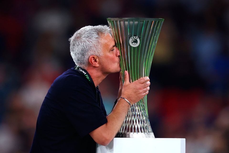 Mourinho savours Roma's Conference League success in 2022. Photo: Alex Pantling