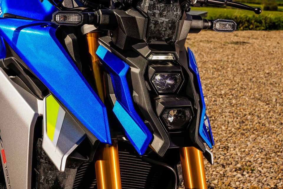 Moto GP winglets are built into the front cowl of the GSX-S1000, giving the bike an aggressive look