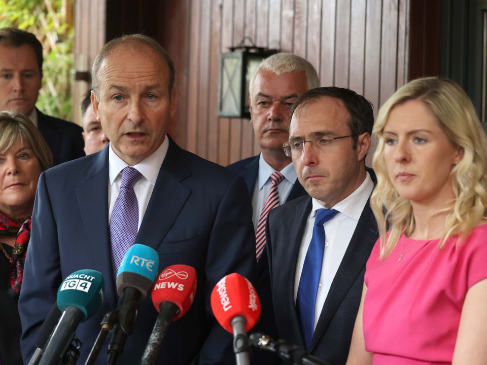Taoiseach Micheál Martin and party colleagues, including Robert Troy (glasses) pictured at the Fianna Fáil parliamentary party think-in at the Mullingar Park Hotel. Picture: Damien Eagers