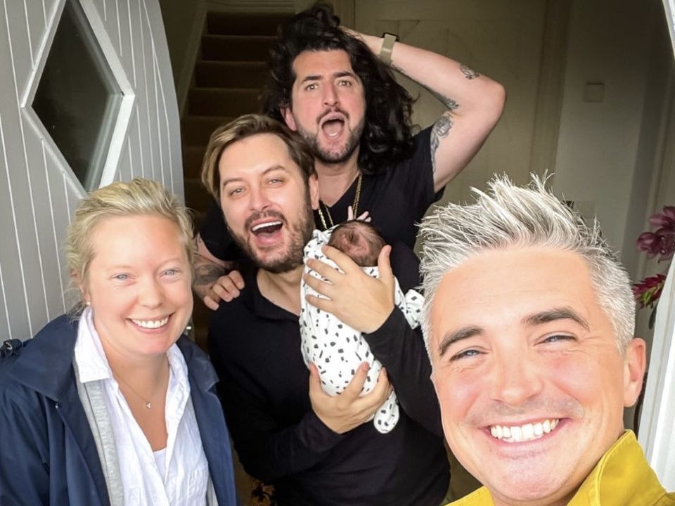 Donal Skehan and his wife Sofie paid a visit to Brian Dowling, Arthur Gourounlian, and baby Blake this week. Photo: Instagram