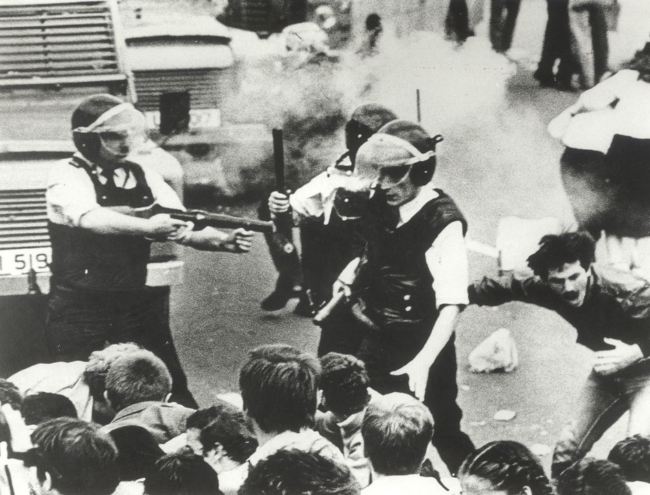 Sean Downes (22) was killed at an internment anniversary rally in 1984. The moment when Sean Downes was hit in the chest by a RUC baton round