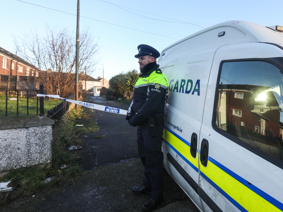 Garda Forensics investigating the scene of a fatal assault on a man that occurred at approximately 7pm on Friday 13th January 2023 at a domestic residence in Collins Place, Finglas, Dublin 11. Photograph:  Leah Farrell / RollingNews.ie
