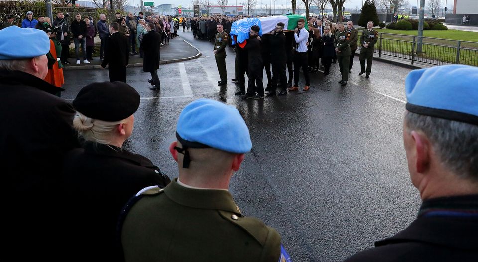 The remains of Private Sean Rooney arrive for his funeral mass in Dundalk.  Picture; Gerry Mooney