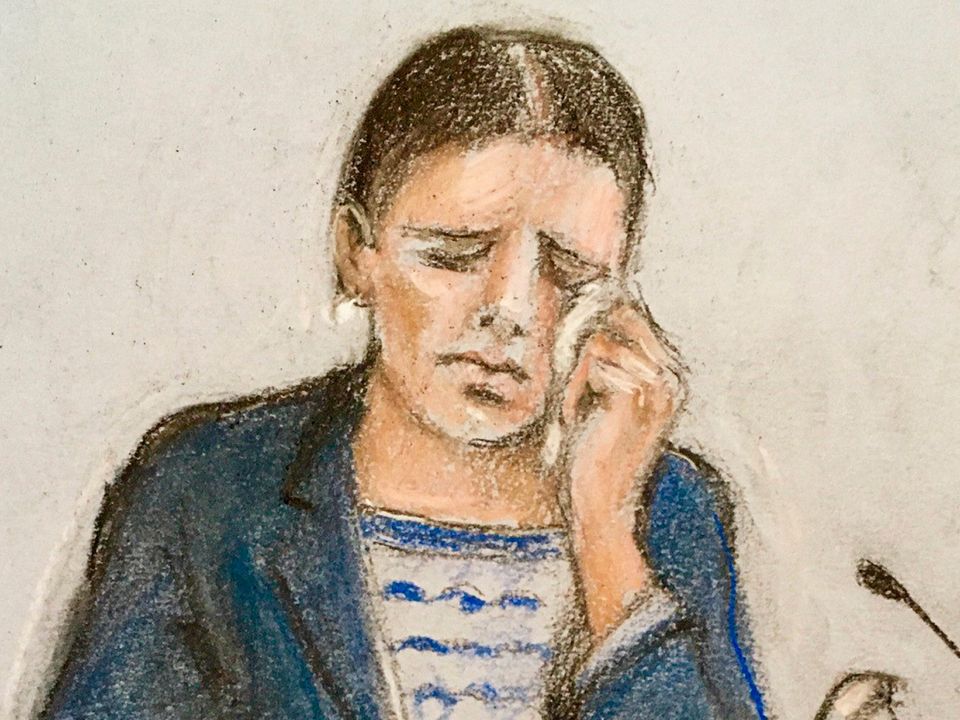 Court artist sketch of Rebekah Vardy wiping away tears as she gives evidence at the Royal Courts Of Justice, London, during the high-profile libel battle between herself and Coleen Rooney. Drawing: Elizabeth Cook
