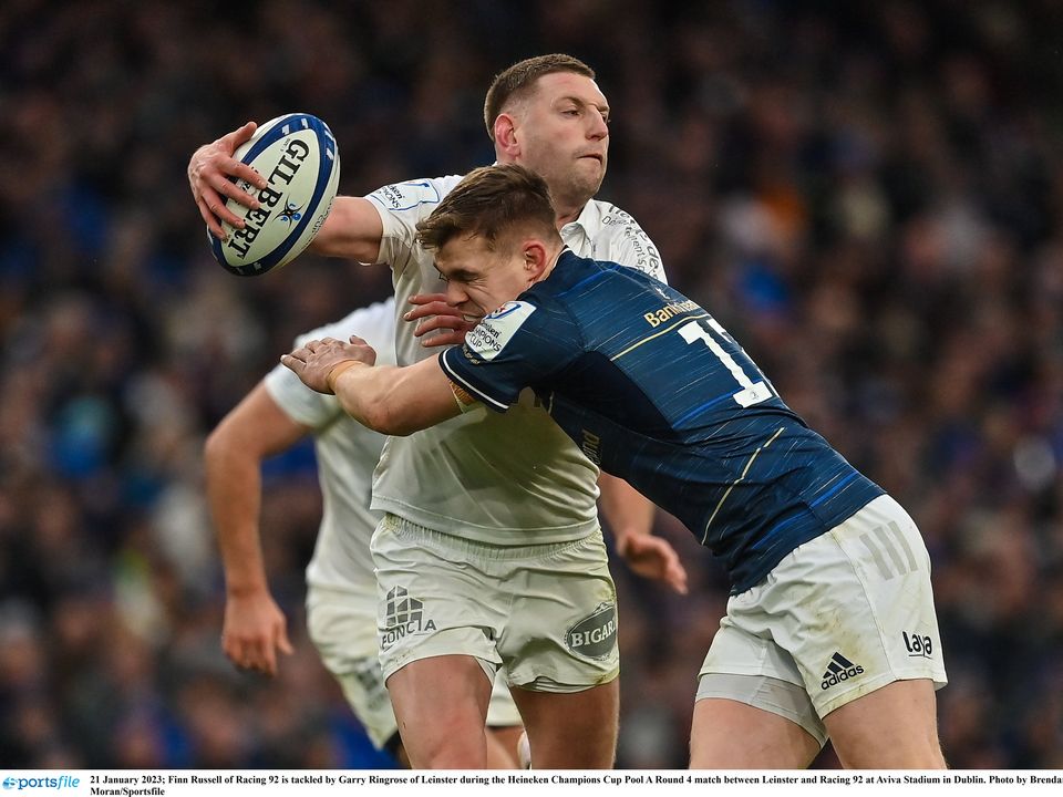 21 January 2023; Finn Russell of Racing 92 is tackled by Garry Ringrose of Leinster during the Heineken Champions Cup Pool A Round 4 match between Leinster and Racing 92 at Aviva Stadium in Dublin. Photo by Brendan Moran/Sportsfile