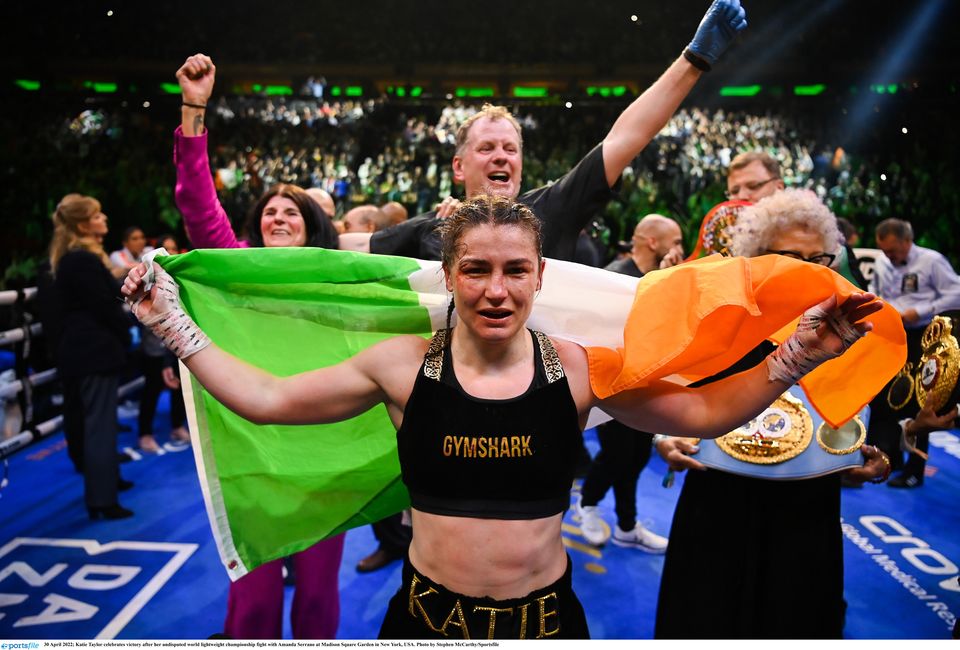 30 April 2022; Katie Taylor celebrates victory after her undisputed world lightweight championship fight with Amanda Serrano at Madison Square Garden in New York, USA. Photo by Stephen McCarthy/Sportsfile