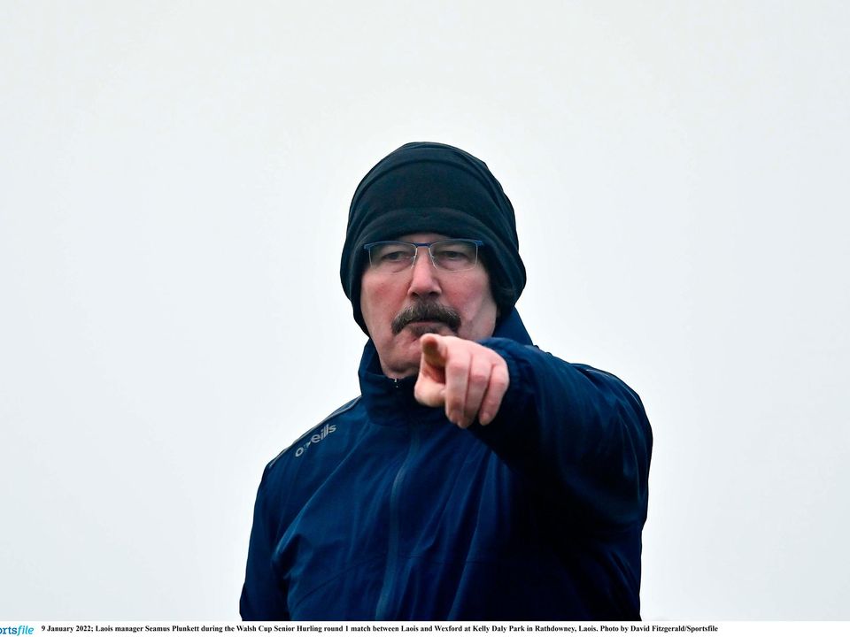 Laois manager Séamas Plunkett during the Walsh Cup round 1 match between Laois and Wexford in Rathdowney, Co Laois. Photo: David Fitzgerald/Sportsfile