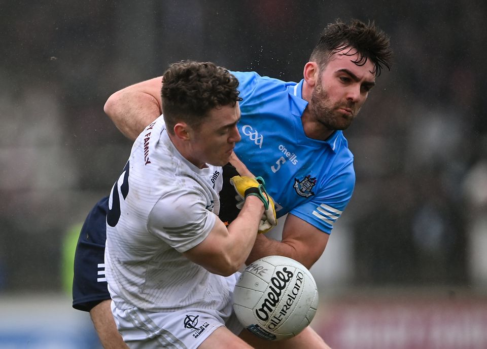 Seán McMahon of Dublin in action against Jimmy Hyland in the Allianz League game. Photo: Piaras Ó Mídheach/Sportsfile