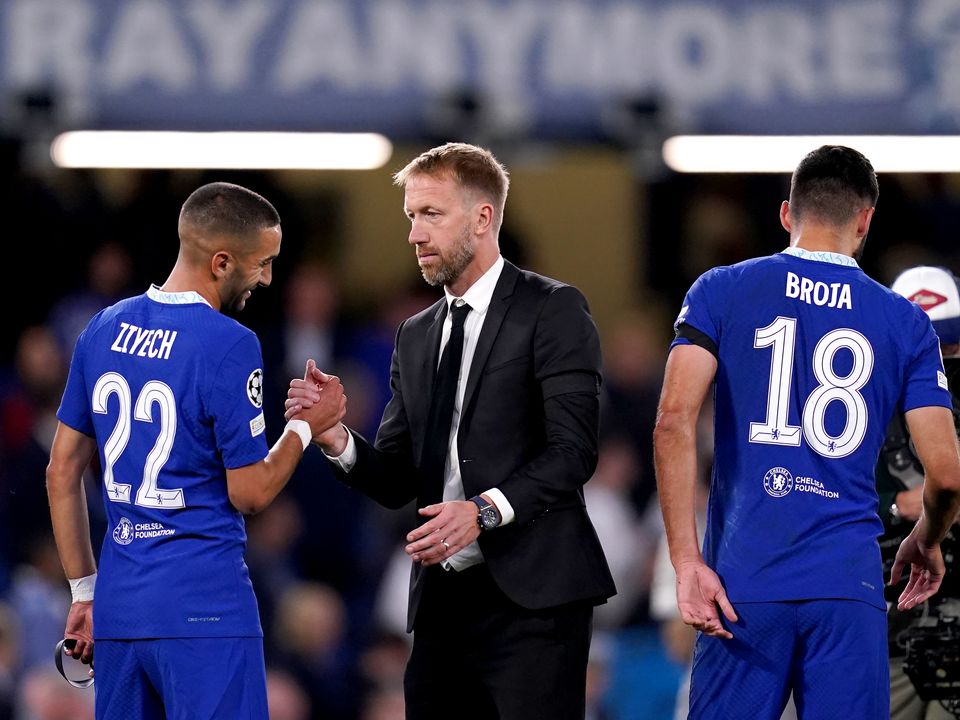 Chelsea manager Graham Potter shakes hands with Hakim Ziyech at the end of the UEFA Champions League Group E match at Stamford Bridge, London. Picture date: Wednesday September 14, 2022.