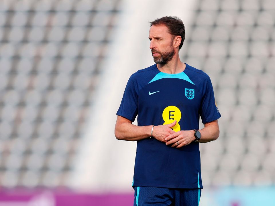 DOHA, QATAR - DECEMBER 01: Gareth Southgate, Head Coach of England, looks on during the England Training Session at Al Wakrah Stadium on December 01, 2022 in Doha, Qatar. (Photo by Alex Pantling/Getty Images)