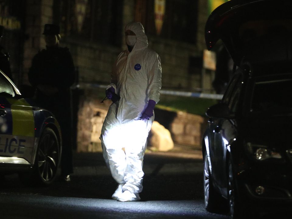 Forensic officers at the scene on Tuesday evening. Pic: Kevin Scott for Belfast Telegraph.