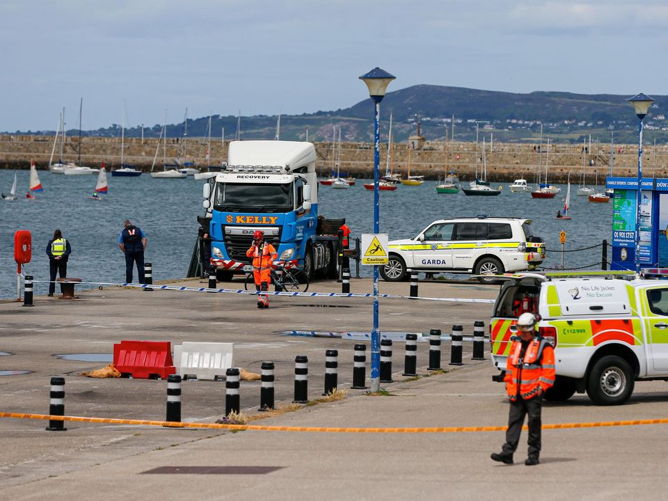 The scene of the recovery operation at Dún Laoghaire Harbour undertaken by the Irish Coastguard and the Garda water unit