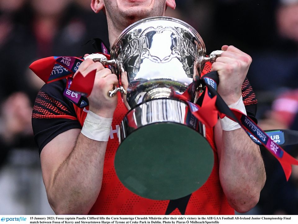 Fossa captain Paudie Clifford celebrates victory in the All-Ireland club JFC Final. Photo: Piaras Ó Mídheach/Sportsfile