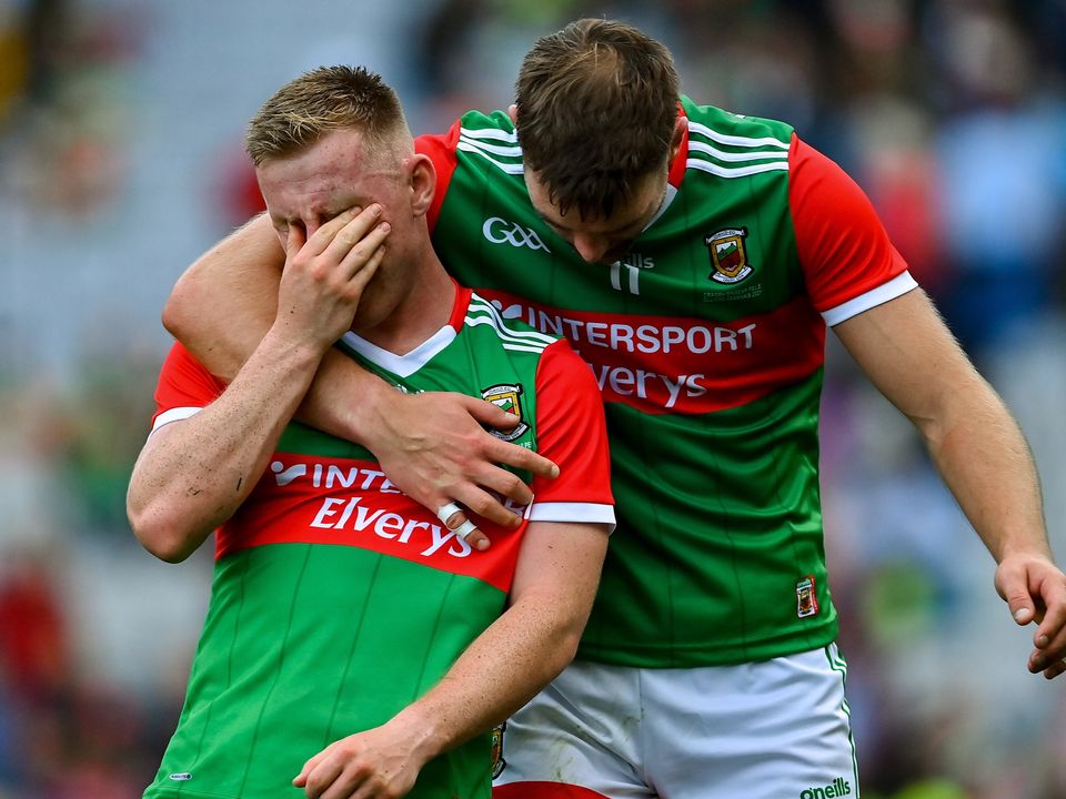 Ryan O'Donoghue is consoled by team-mate Aidan O'Shea after another All-Ireland  heartbreak defeat for Mayo in 2021. Photo: Brendan Moran/Sportsfile