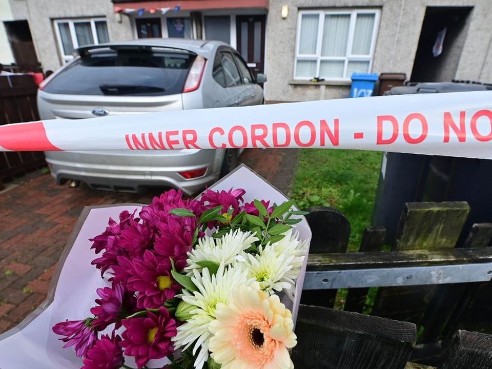 Flowers at the scene of the murder of Liam Christie who was shot at close range in Antrim
