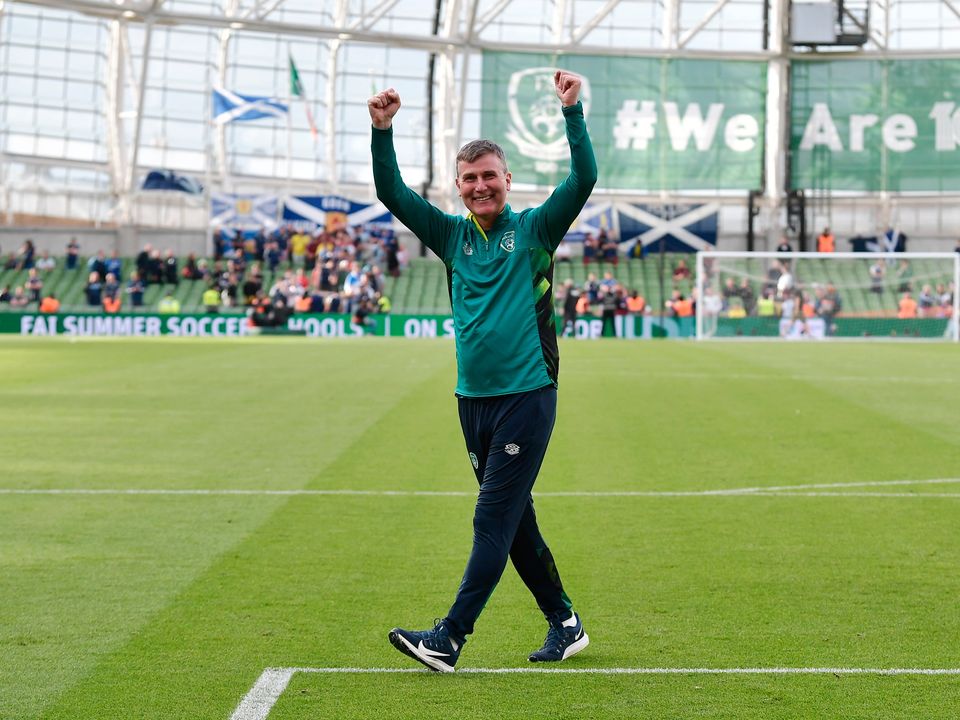 Stephen Kenny celebrates their side's victory after the UEFA Nations League League B Group 1 match between Republic of Ireland and Scotland. (Photo by Charles McQuillan/Getty Images)