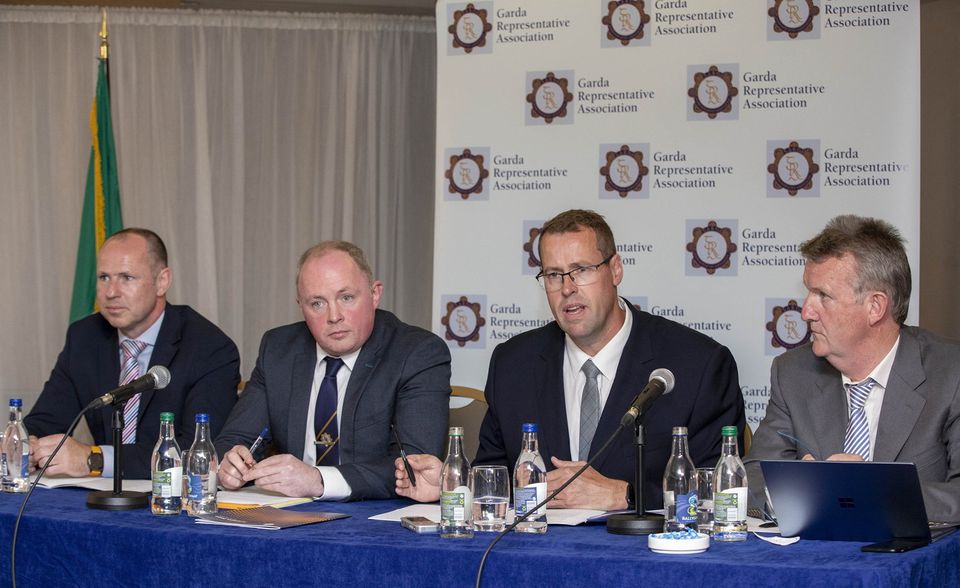 PHOTO SHOWS: (L-R) Ronan Slevin, Interim Deputy General Secretary, Frank Thornton, GRA President, Brendan OConnor, GRA Vice President and Philip McAnenly, Interim General Secretary at the press conference ahead of the 44th annual GRA Delegates Conference, being held in Westport, Co. Mayo. PIC: Conor Ó Mearáin