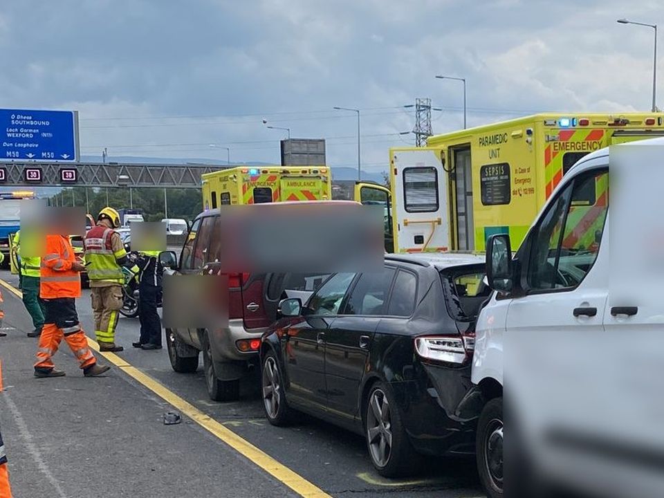 Emergency services at the scene of the collision on the M50. Photo: Dublin Fire Brigade Twitter