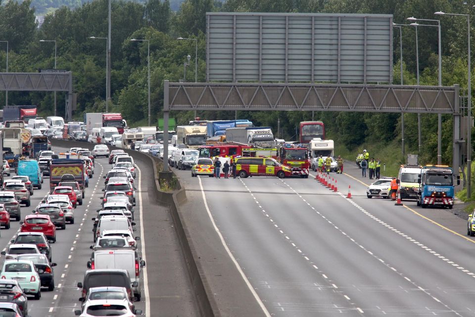 Gardaí at the scene of a serious road traffic collision on the M50 Northbound (Pic Gareth Chaney/Collins Photos)