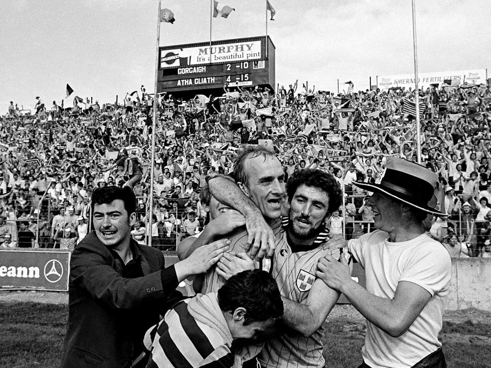 Brian Mullins and team-mate Ciarán Duff celebrate the 1983 All-Ireland semi-final  win