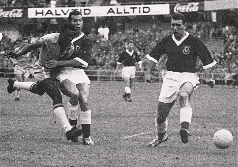 A 17-year-old Pele (left) in action for Brazil against Wales during his side's World Cup quarter-final in 1958. Photo by Getty Images